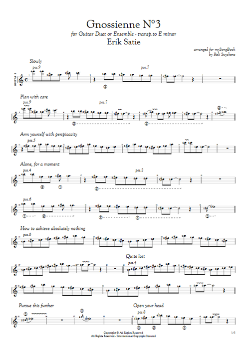 Gnossienne N°3 Erik Satie guitar pro tab AGuitarI Guitar Duet mysongbook